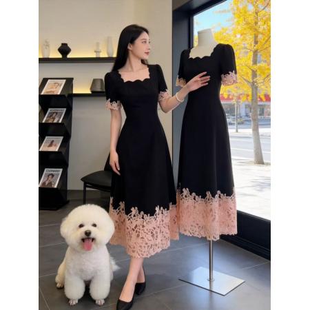 BY16835# 赫本风蕾丝拼接连衣裙女夏季高级感收腰显瘦气质减龄A字裙