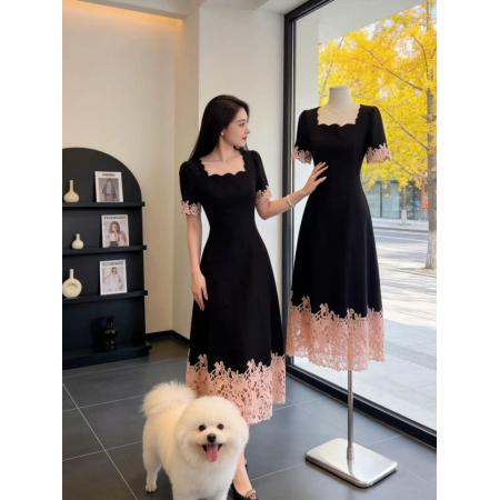 BY16835# 赫本风蕾丝拼接连衣裙女夏季高级感收腰显瘦气质减龄A字裙