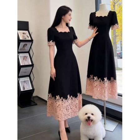 BY16835# 赫本风蕾丝拼接连衣裙女夏季高级感收腰显瘦气质减龄A字裙