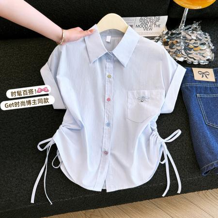 BY16836# 彩色纽扣短袖打底衬衫女夏季新款显瘦设计感抽绳短款上衣