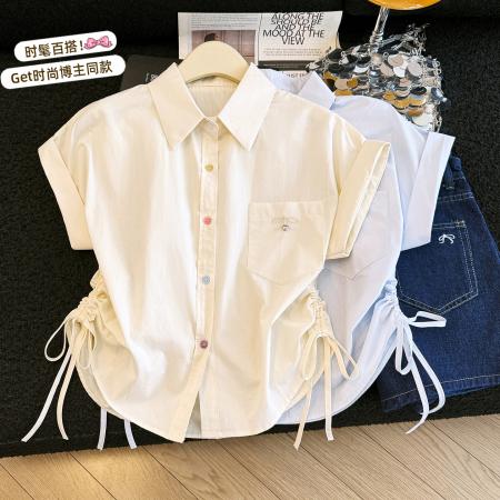 BY16836# 彩色纽扣短袖打底衬衫女夏季新款显瘦设计感抽绳短款上衣