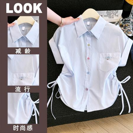 BY16836# 彩色纽扣短袖打底衬衫女夏季新款显瘦设计感抽绳短款上衣