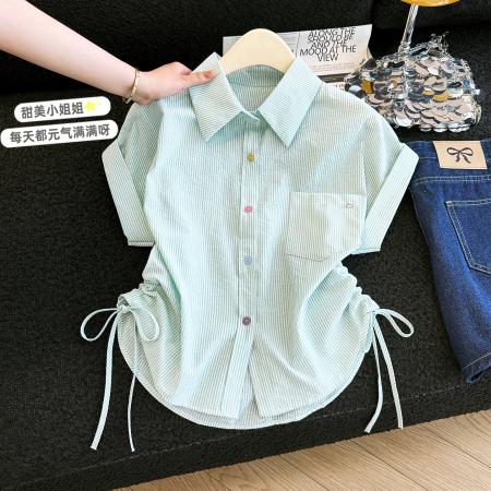 BY16839# 彩色纽扣短袖打底衬衫女夏季新款显瘦设计感抽绳短款上衣