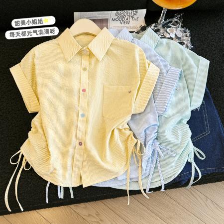 BY16839# 彩色纽扣短袖打底衬衫女夏季新款显瘦设计感抽绳短款上衣