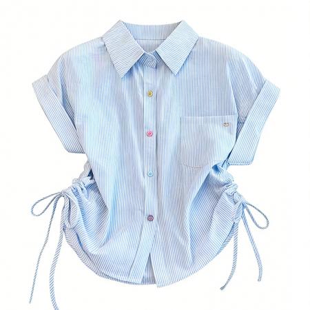 BY16839# 彩色纽扣短袖打底衬衫女夏季新款显瘦设计感抽绳短款上衣