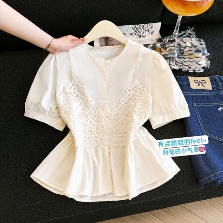 BY16840# 蕾丝拼接短袖衬衫女夏季气质别致收腰显瘦遮肚洋气小衫上衣