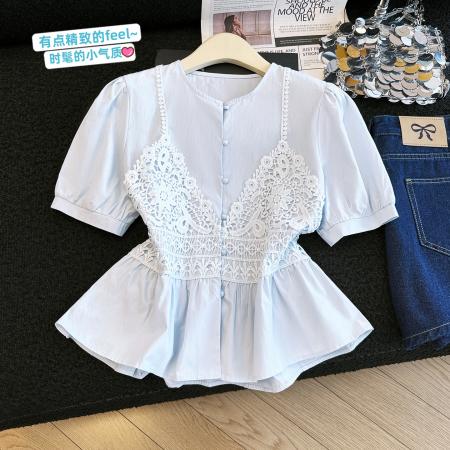 BY16840# 蕾丝拼接短袖衬衫女夏季气质别致收腰显瘦遮肚洋气小衫上衣