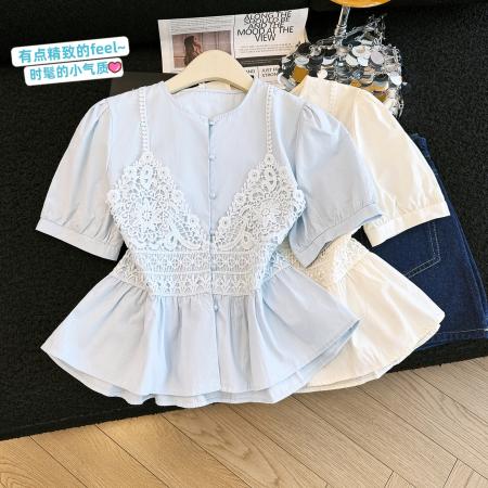 BY16840# 蕾丝拼接短袖衬衫女夏季气质别致收腰显瘦遮肚洋气小衫上衣