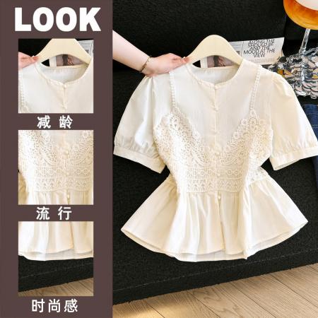 BY16840# 蕾丝拼接短袖衬衫女夏季气质别致收腰显瘦遮肚洋气小衫上衣