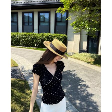 BY16842# 26夏上新波点花园黑色波点V领短袖上衣