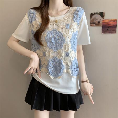 大码胖MM新款多巴胺设计感蓝色镂空马甲+显瘦T恤套装