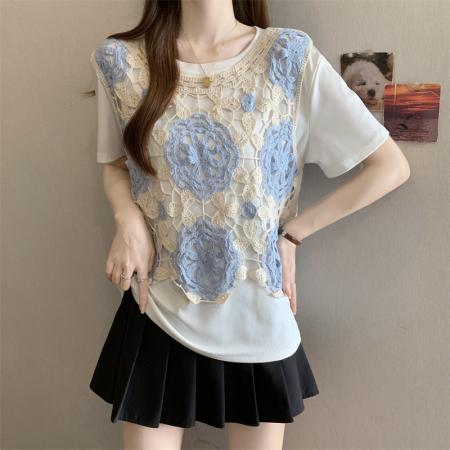 大码胖MM新款多巴胺设计感蓝色镂空马甲+显瘦T恤套装