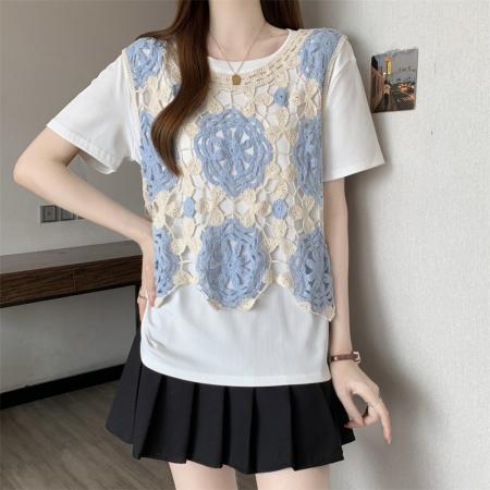 大码胖MM新款多巴胺设计感蓝色镂空马甲+显瘦T恤套装