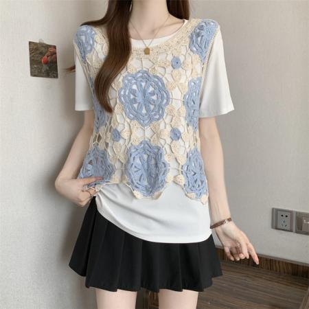 大码胖MM新款多巴胺设计感蓝色镂空马甲+显瘦T恤套装