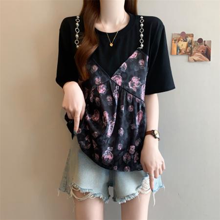 大码胖MM新设计感假两件碎花荷叶边短袖T恤女显瘦上衣