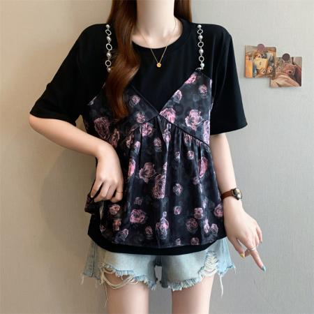 大码胖MM新设计感假两件碎花荷叶边短袖T恤女显瘦上衣