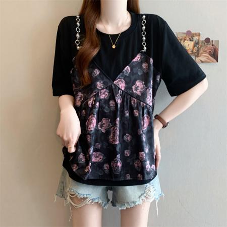 大码胖MM新设计感假两件碎花荷叶边短袖T恤女显瘦上衣