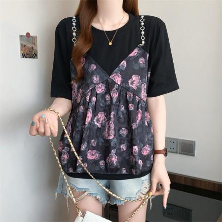 大码胖MM新设计感假两件碎花荷叶边短袖T恤女显瘦上衣