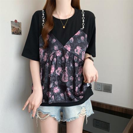 大码胖MM新设计感假两件碎花荷叶边短袖T恤女显瘦上衣