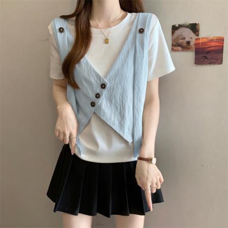 大码胖MM新款设计感假两件拼接正肩短袖T恤遮肚显瘦上衣