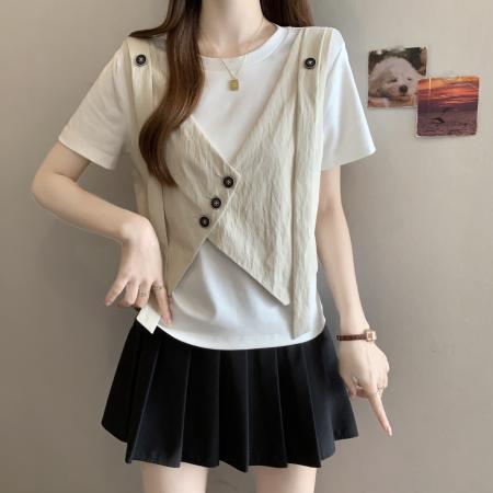 大码胖MM新款设计感假两件拼接正肩短袖T恤遮肚显瘦上衣