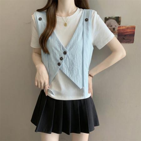 大码胖MM新款设计感假两件拼接正肩短袖T恤遮肚显瘦上衣