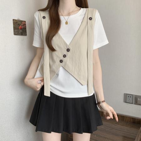 大码胖MM新款设计感假两件拼接正肩短袖T恤遮肚显瘦上衣