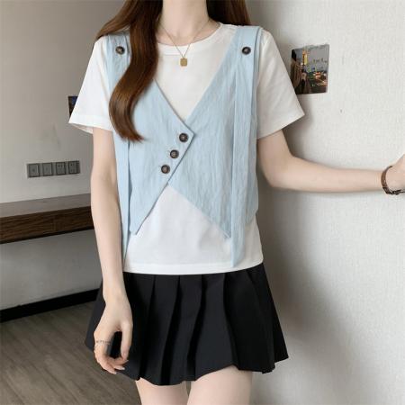 大码胖MM新款设计感假两件拼接正肩短袖T恤遮肚显瘦上衣