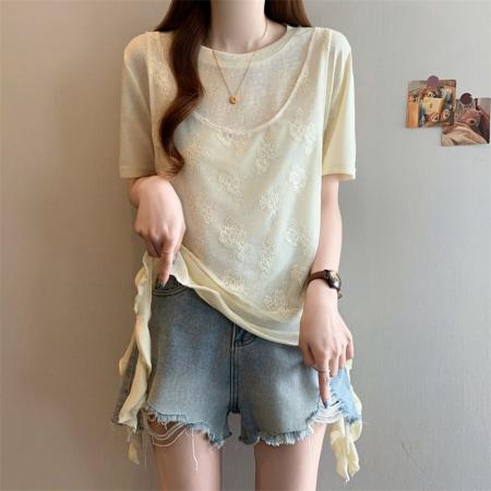 大码胖MM新款设计感拼接短袖T恤女夏季韩系假两件上衣