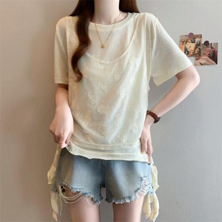 大码胖MM新款设计感拼接短袖T恤女夏季韩系假两件上衣