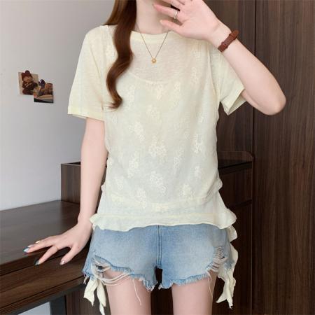 大码胖MM新款设计感拼接短袖T恤女夏季韩系假两件上衣