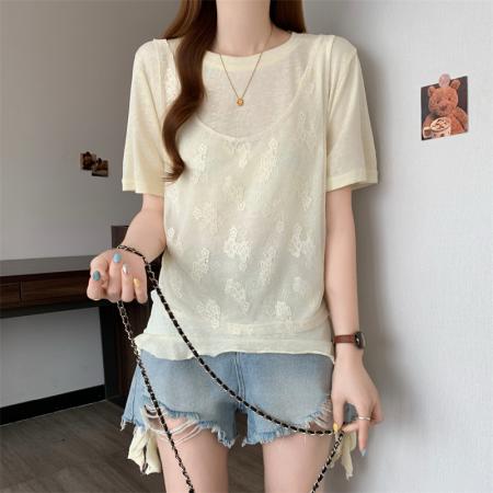 大码胖MM新款设计感拼接短袖T恤女夏季韩系假两件上衣