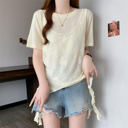 大码胖MM新款设计感拼接短袖T恤女夏季韩系假两件上衣