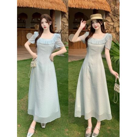 大码法式温柔风复古波点方领荷叶边短袖连衣裙收腰显瘦长裙