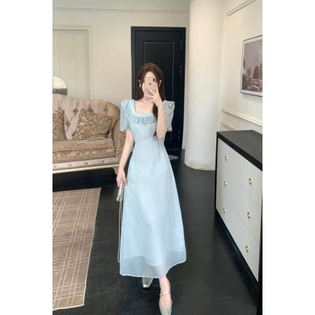 大码法式温柔风复古波点方领荷叶边短袖连衣裙收腰显瘦长裙