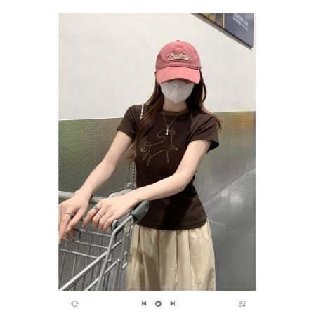 纯棉螺纹短袖t恤女夏新款韩系显瘦刺绣圆领上衣