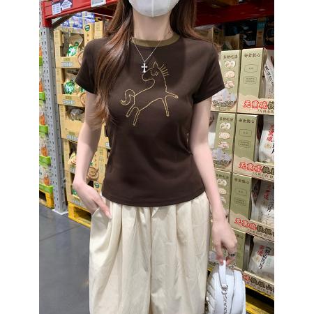 纯棉螺纹短袖t恤女夏新款韩系显瘦刺绣圆领上衣
