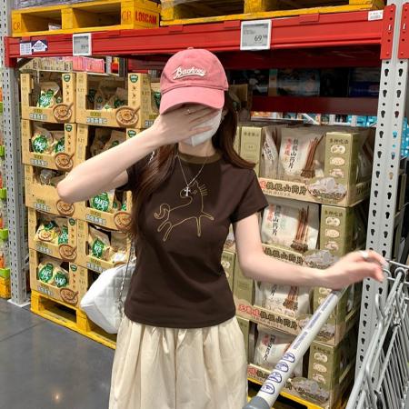 纯棉螺纹短袖t恤女夏新款韩系显瘦刺绣圆领上衣