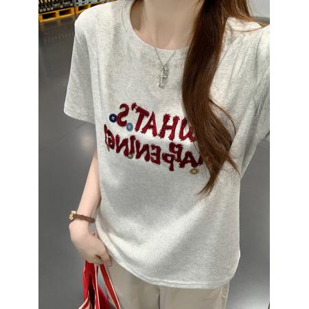 纯棉螺纹短袖t恤女装夏修身新款刺绣花圆领上衣