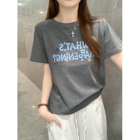 纯棉螺纹短袖t恤女装夏修身新款刺绣花圆领上衣