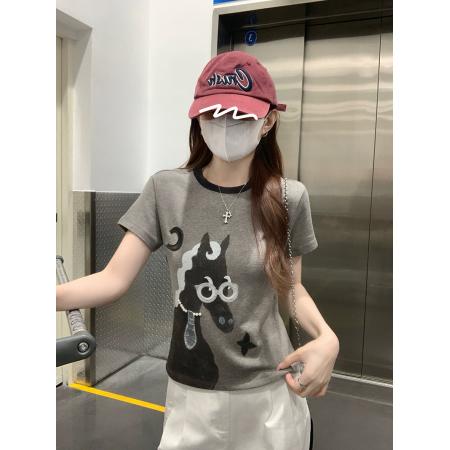 羊绒不抓毛短袖t恤女装夏新款刺绣手工串珠圆领上衣