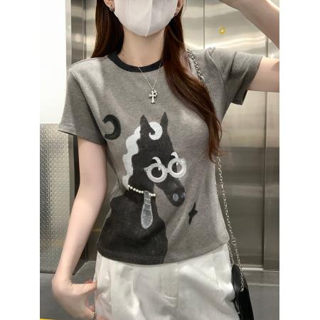 羊绒不抓毛短袖t恤女装夏新款刺绣手工串珠圆领上衣