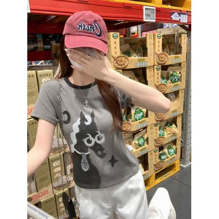 羊绒不抓毛短袖t恤女装夏新款刺绣手工串珠圆领上衣