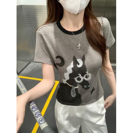 羊绒不抓毛短袖t恤女装夏新款刺绣手工串珠圆领上衣