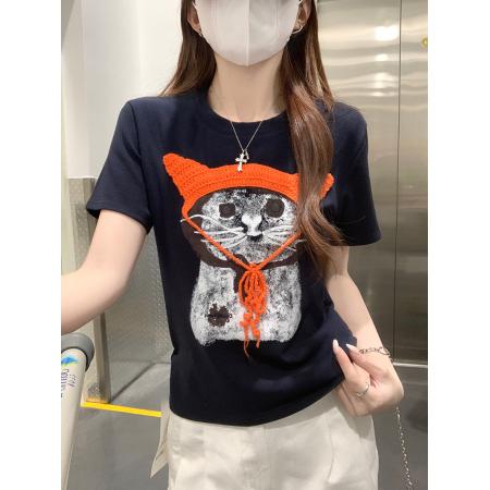 纯棉螺纹短袖t恤女夏新款韩系显瘦刺绣圆领上衣