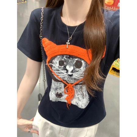 纯棉螺纹短袖t恤女夏新款韩系显瘦刺绣圆领上衣