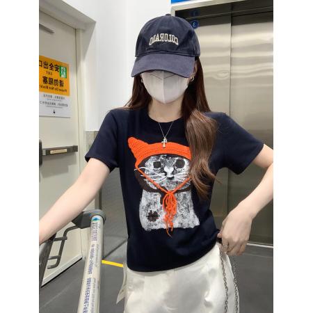 纯棉螺纹短袖t恤女夏新款韩系显瘦刺绣圆领上衣