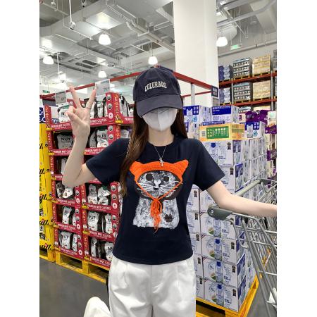 纯棉螺纹短袖t恤女夏新款韩系显瘦刺绣圆领上衣