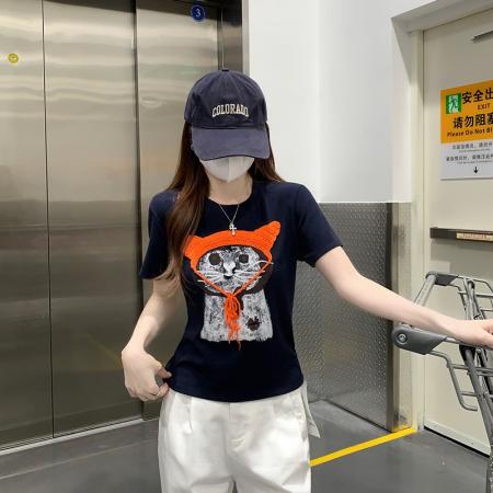 纯棉螺纹短袖t恤女夏新款韩系显瘦刺绣圆领上衣