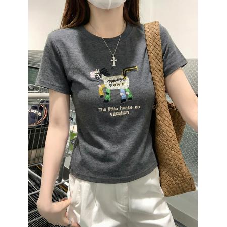 纯棉螺纹短袖t恤女夏新款韩系刺绣正肩圆领上衣